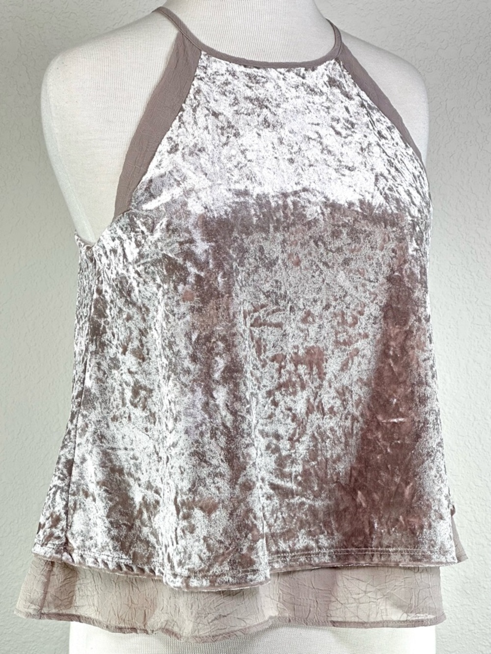 Socialite Crushed Velvet‎ Halter Swing Tank Taupe Layered Hem Boho Top